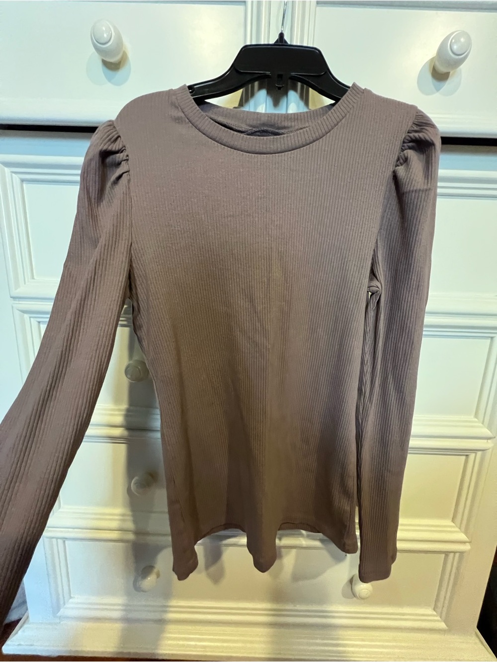 Gap Long Sleeve Ribbed Puff-Shoulder Top - Taupe